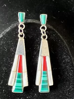 VTG Sterling Silver 925 NAVAJO Turquoise Coral & MOP Dangle Post Earrings - 10g • $105