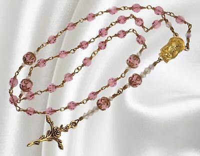 Handmade Unbreakable Rosary Anglican Episcopal Pink Crystal W Gold Tone Cross • $85