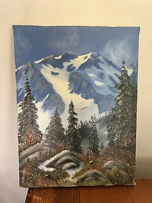 Vintage Oil On Canvas Painting Mountain Scape Signed • $22