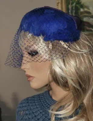 Vintage 1950s Blue Purple Feather Mesh Mourning Hat Bow • $72