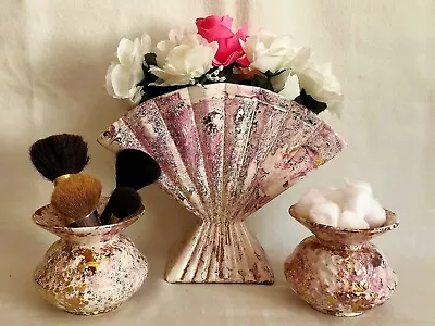 WOW 3pc BRANDTS Calif Pottery Fan Vase Set Gold Speck Pink Mauve Mid Century Mod • $84.99