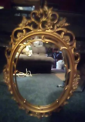 Vintage Large Syroco Wall Hanging Oval Ornate Gold Scroll Mirror • $50