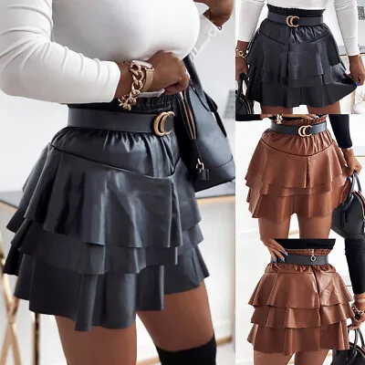 $20.69 • Buy Women Pleated Short Skirt Faux Leather Elastic Waist Ruffle Party Bodycon Dress