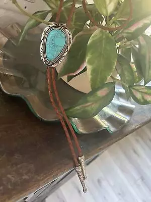 Teardrop Turquoise Bolo Tie - Gifts For Him Cabochon Indian Leather Cowboy Neck • $28