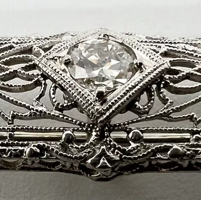 14K White Gold & Diamond Art Deco Floral Filigree Bar Pin / Brooch • $285