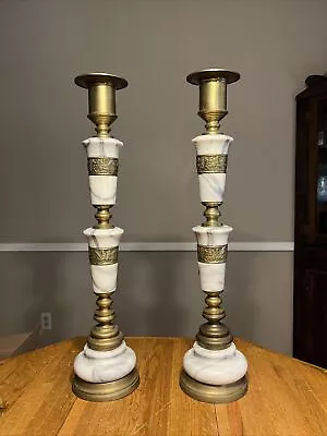 Vintage Pair Of Brass And Marble Altar Candle Holders 27 Inches Tall  • $250