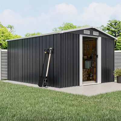 10x8FT Metal Anthracit Sheds Garden Shed Outdoor Tool Storage W/ Foundation Base • £389.95