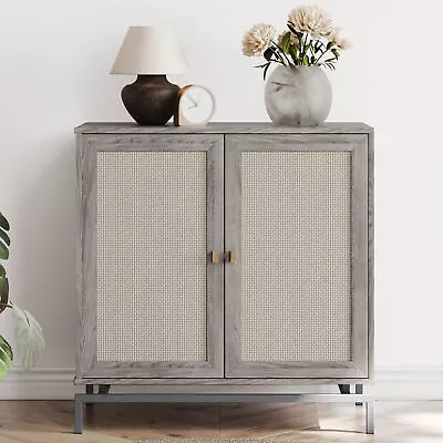 Sideboard Buffet Cabinet With Rattan Decorated Doors (Gray) • $138.99