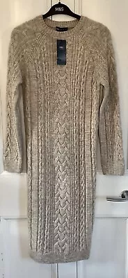 Marks And Spencer Cable Knit Midi Jumper Dress Size Small (8-10) Oatmeal Bnwt • £28