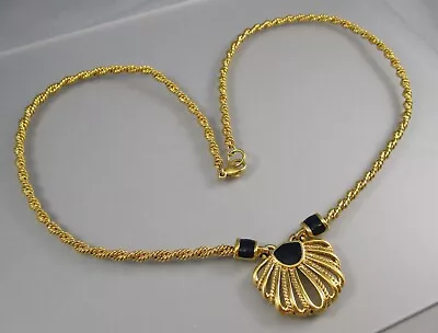 Vintage MONET Gold Tone Twisted Rope Black Enamel Pendant Necklace 6395 • $9.99