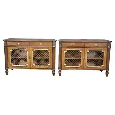 Pair Custom Mahogany Brass And Gilded Mesh Door Two Door Side Cabinets • $3295