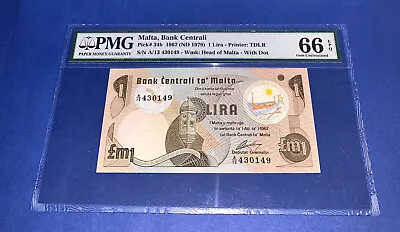 PMG Malta Bank Centrali 1 Lira Banknote 1967(ND 1979) 66 EPQ  • $50