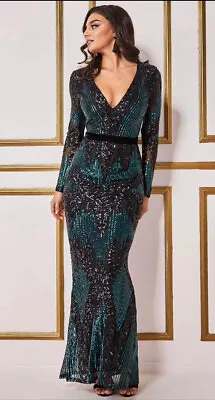 £90 • Buy Goddiva Long Sleeve Sequin Evening Emerald Maxi Dress Size 16 UK RRP £120
