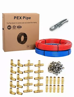 1/2  2x 100ft(200ft) PEX Pipe 30 Pcs 1/2  Brass Fitting 100 Pcs Clamps Cutter • $106.99