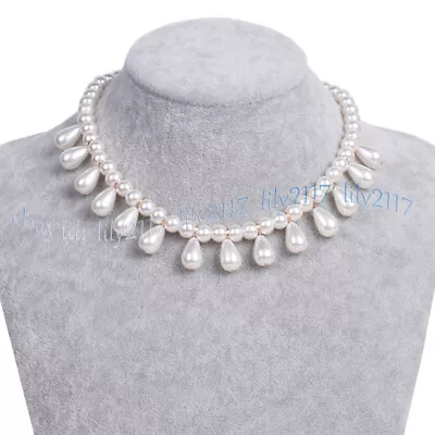 8mm Round South Sea White Shell Pearl Beads Teardrop Pendant Necklace Jewelry • $4.18