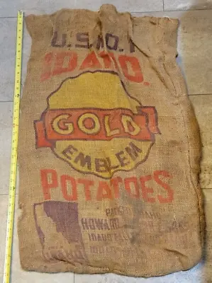 Vintage Gold Emblem Idaho Potatoes Howard & Sons 100lb Burlap Bag Sack 21 X34  • $12.99