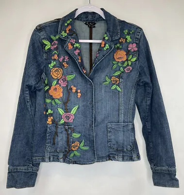 ECI New York Womens Jacket Boho Embroidered Blue Denim Snap Front Pockets 10 • $19.99