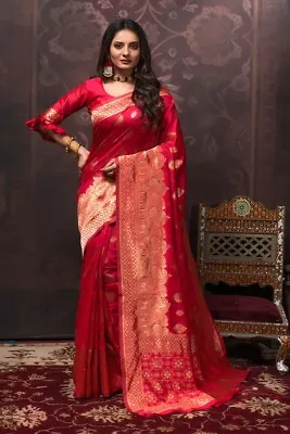 $50 • Buy Bollywood Pakistani Designer Red Banarasi Silk Saree Wedding Wear Woven Pattern