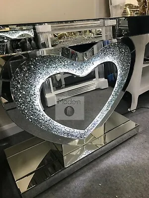 Mirrored Crushed Crystal LED Love Heart Console Table Silver Mirror Side Table • £386.58