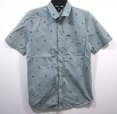 Volcom Shirt Mens S Blue Button Up Short Sleev Logo All Over Print Cotton • $10.88