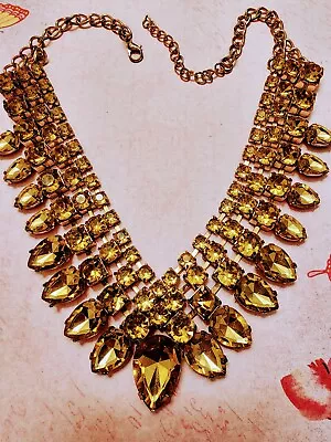 Lovely Yellow Handset Rhinestone 4 Layer Necklace Vtg. 1960's 18  Goldtone • $28