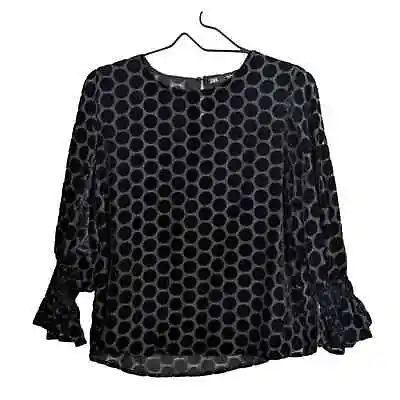 Zara Women Black Velvet Gauze Texture Long Sleeve Top Blouse Round Neck Formal M • $22