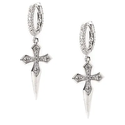 Iced Men's Dagger Cross Sterling Silver Hip Hop Dangle Hoop Earrings • $17.99