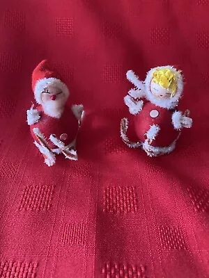 Vintage Santa And Mrs. Claus Felt Skiing Christmas Ornaments • $12