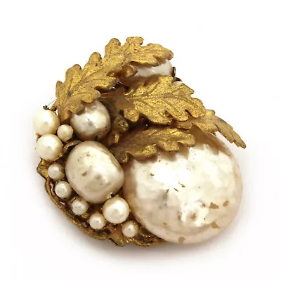 Miriam Haskell Baroque Pearl Leaf Brooch Designer Signed Costume Pin - SOME WEAR • $99.99