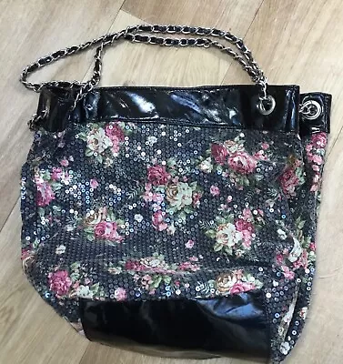 Matalan - Black Floral Handbag With Metal Chain Handles And Sequins  • £2.75