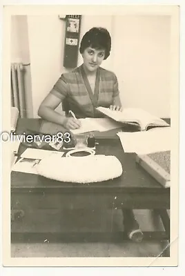Vintage Photo - Pretty Woman Secretary Sitting At Her Office Desk • $3.90