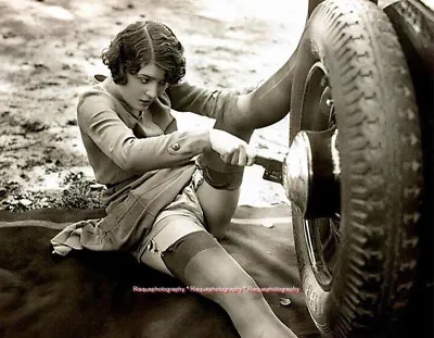 Vintage Lovely Woman In Stockings Changing Car Tire 8.5x11 Photo Print Sexy Lady • $8.37