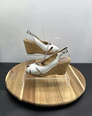 Gabor Women Sandals UK Size 5 Slingback White Leather Wedge Heel Buckle Shoes • £14.99