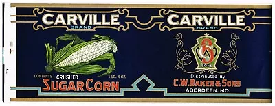 Original Vintage Tin Can Label 1920s Carville Baker Sugar Corn Aberdeen Maryland • $12.95