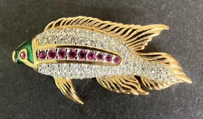 Vintage Swarovski Fish Brooch/Pin Clear & Pink Crystals Emerald Enamel Face • $23.50