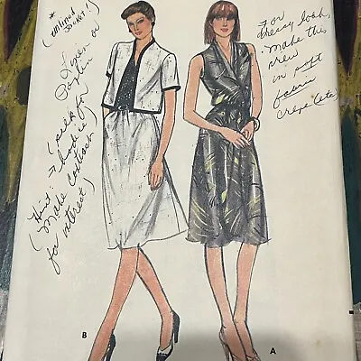 Vintage Butterick 3663 Jacket + Mock Wrap Dress Sewing Pattern 1980s 12-16 UNCUT • $6