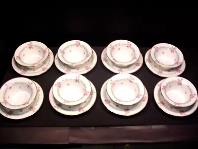 Limoges France Ramekins & Saucers Pink Roses Blue Ribbon J Pouyat Vintage 8 Sets • $99