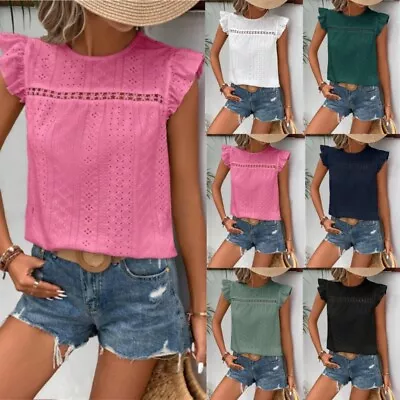 UK Womens Casual Blouse Beach Ruffles Sleeve Tops T-shirt Pullover Solid Tee • £9.59