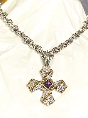 💖Judith Ripka Sterling Amethyst Cross EnhancerChain Necklace 16” • $200