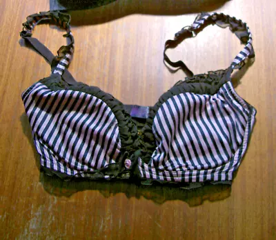 La Senza 34f Pink Black Striped Lace Frill Bra Balconette? Retro Style • £7.99