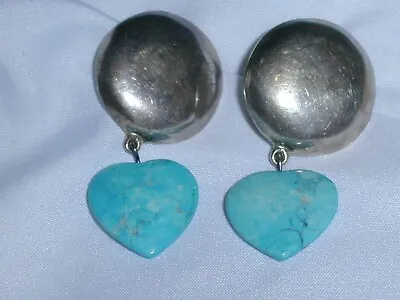 Stunning~ Bold Mexican Sterlings Silver Earrings With Turquoise Heart Dangles! • $39