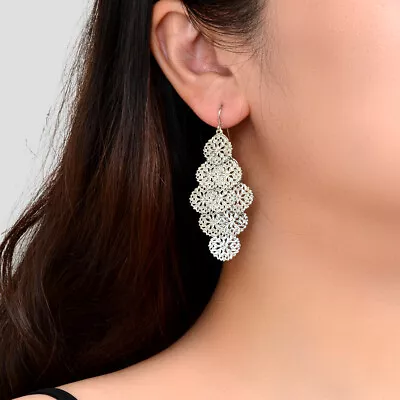 $1.99 • Buy Silver Hollow Flower Dangle Chandelier Earrings Women Trendy Designer Jewellery