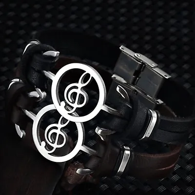 Men Women Music Note Black Brown Leather & Stainless Steel Bracelet Gift UK • £7.90