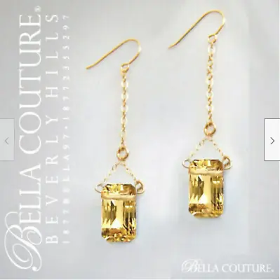 New Rare Couture Citrine Baguette 14k Solid Gold Dangle Drop  Art Deco Earrings • $79.99