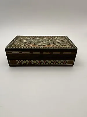 Vintage Wood Inlay Box ~ Micro Mosaic Hinged Lid Jewelry Trinket Treasure Box  • $19.95