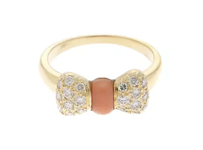 Authentic Van Cleef & Arpels 18K Yellow Gold Coral & Diamond Bow Ring Size 5.5 • $1995