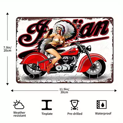 Motorcycle Tin Sign - Indian Motorcycle With Pinup Girl 8 X12  • $11.99