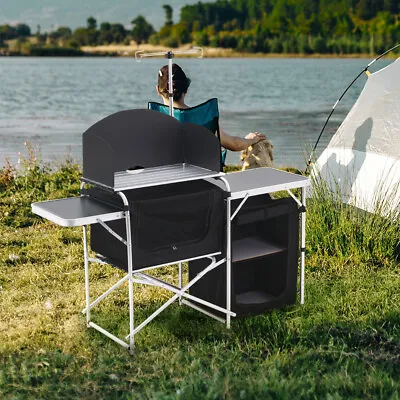 Aluminium Table Camping Kitchen Unit Storage Folding Outdoor Cook Station Shelf • £79.95