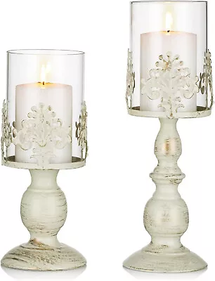 Set Of 2 Vintage Pillar Candle Holders Ivory Colour Tall Candle Holders Set • £14.99