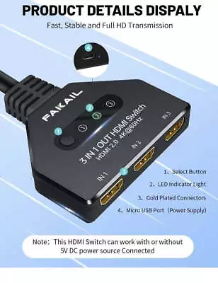 3 In 1 Out HDMI Switch Switcher Splitter 4K 60Hz Cable HUB HDTV 1080P Xbox PS4 • $7.99